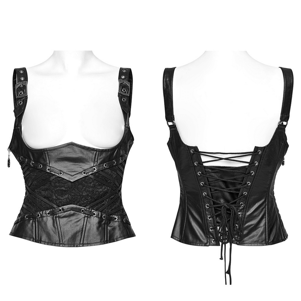 Black gothic lace-up corset with adjustable straps and intricate lace detailing for a bold look.