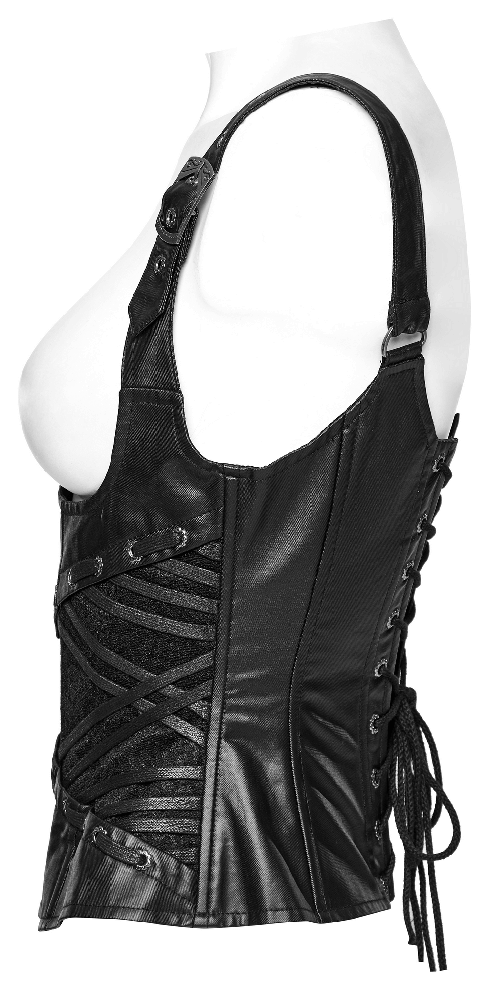Side view of an adjustable black gothic lace-up corset with straps and a drawstring for a perfect fit.