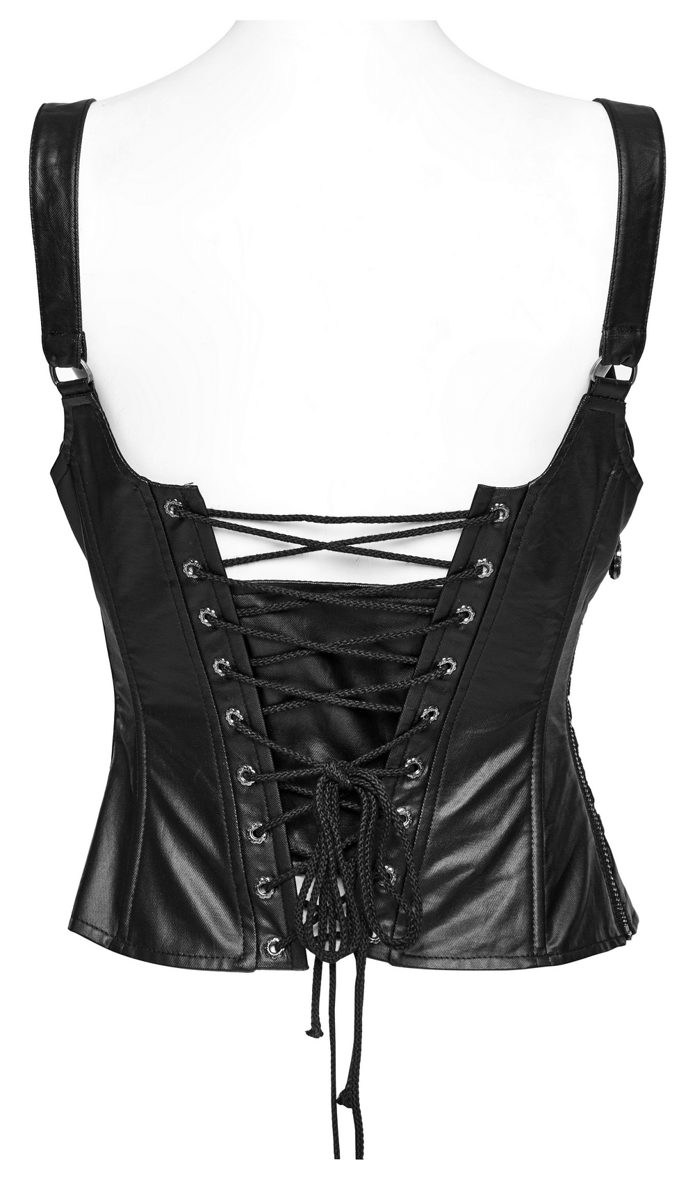 Back view of an adjustable strappy black gothic lace-up corset with intricate detailing and a flattering fit.