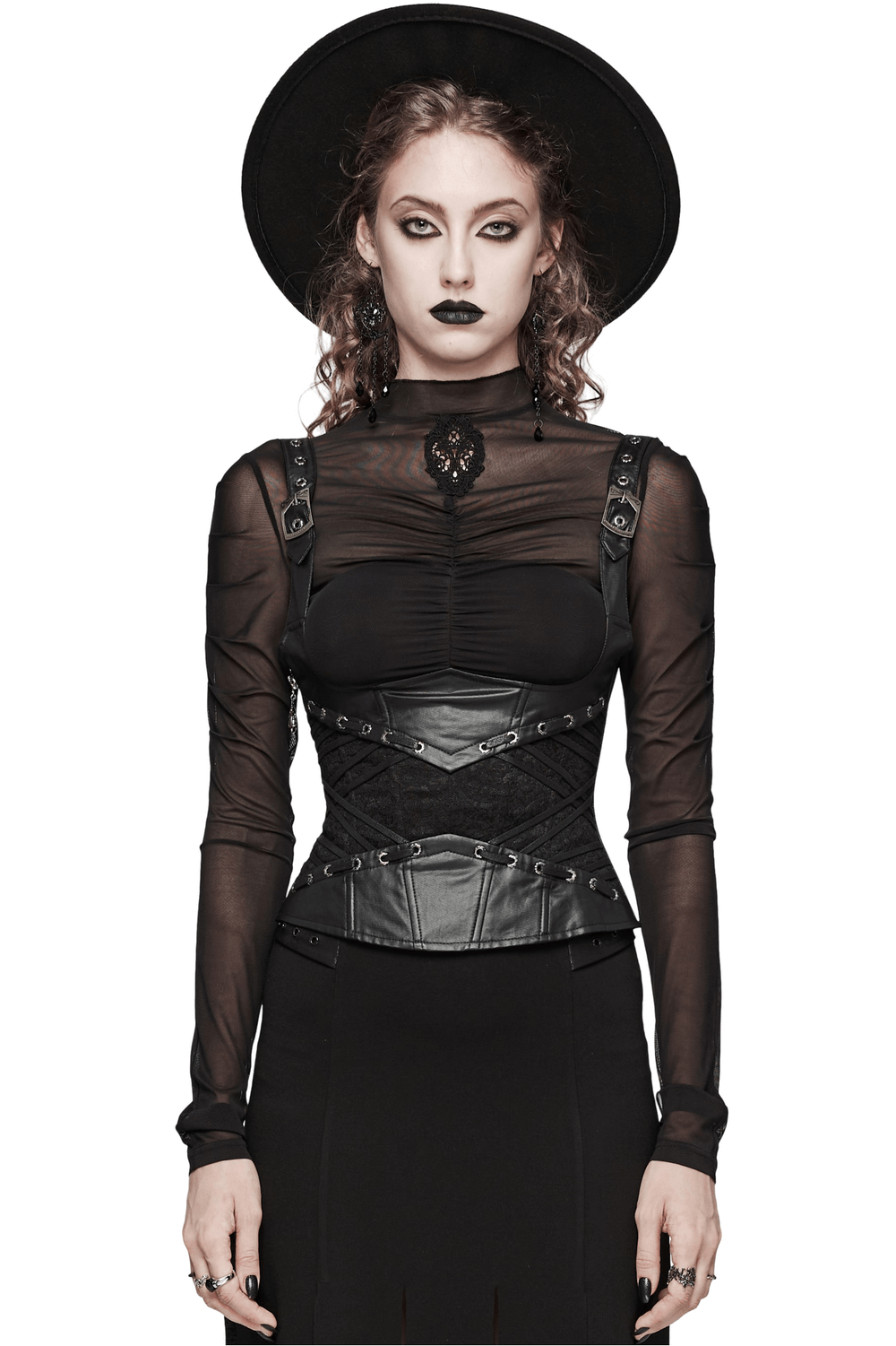 Black gothic lace-up corset with adjustable straps and sheer sleeves, perfect for a striking, edgy outfit.