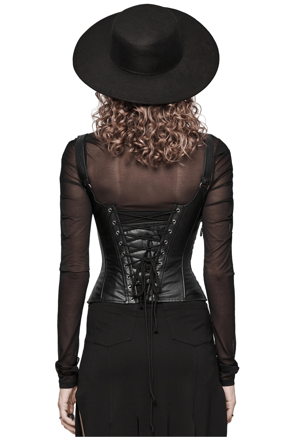 Back view of a woman in a black lace-up corset paired with a stylish black hat.