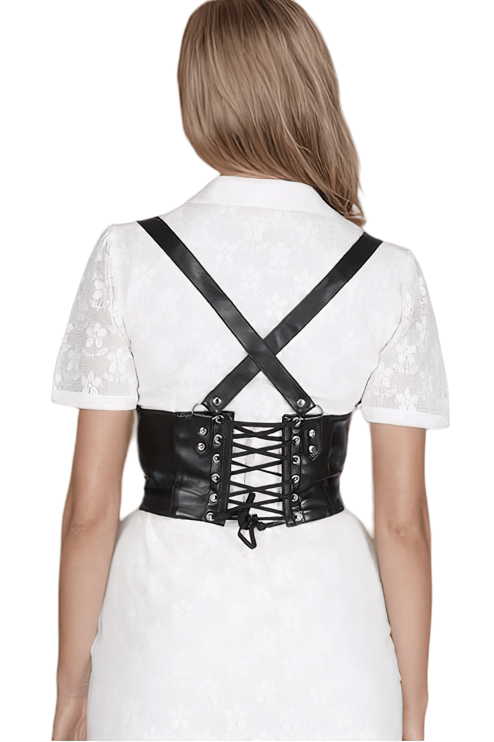 Back view of an adjustable waist cincher corset belt with buckle straps, perfect for gothic and streetwear styles.