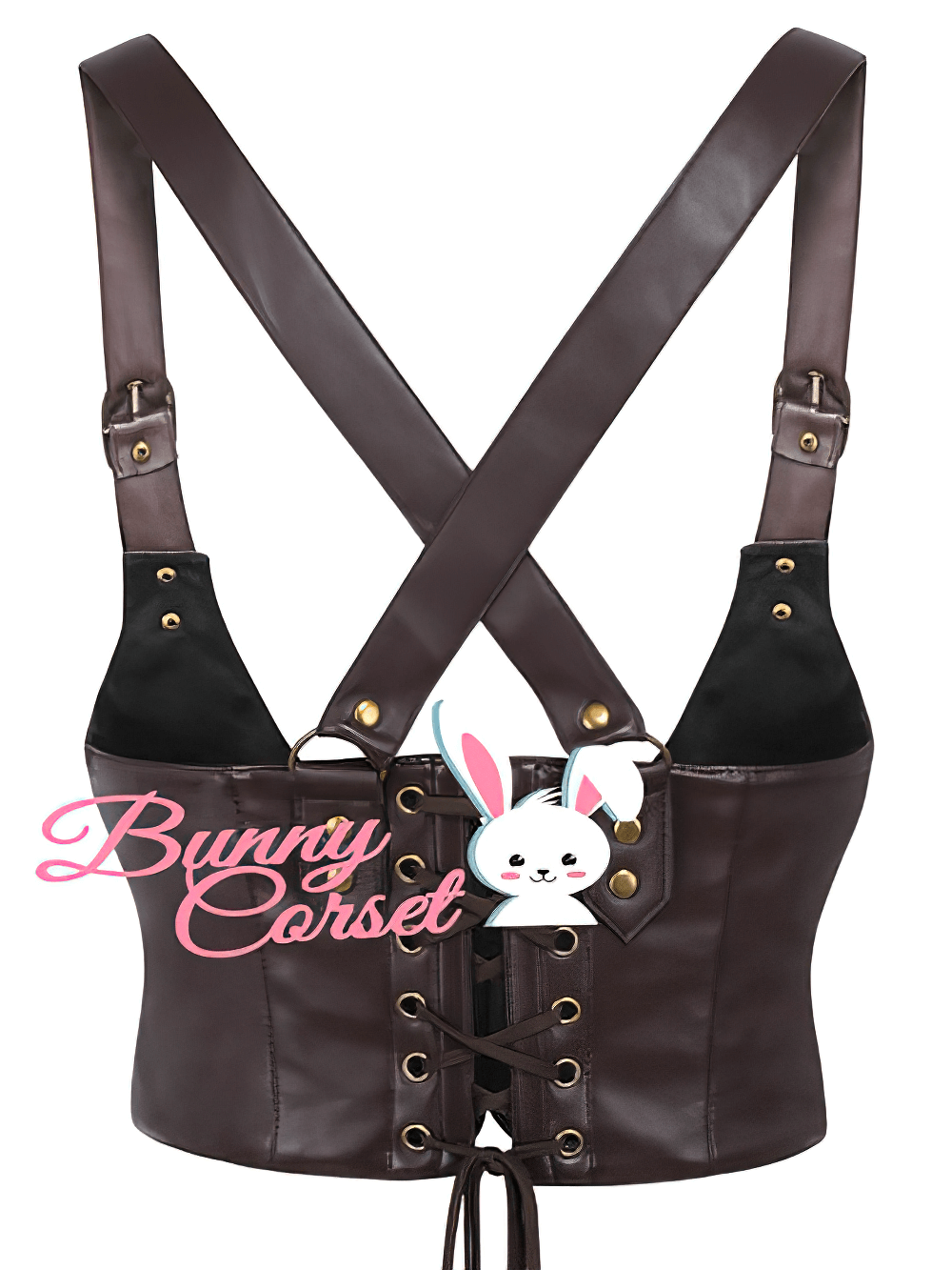 Brown adjustable waist cincher corset belt with buckle straps and crossed back design for edgy fashion layering.