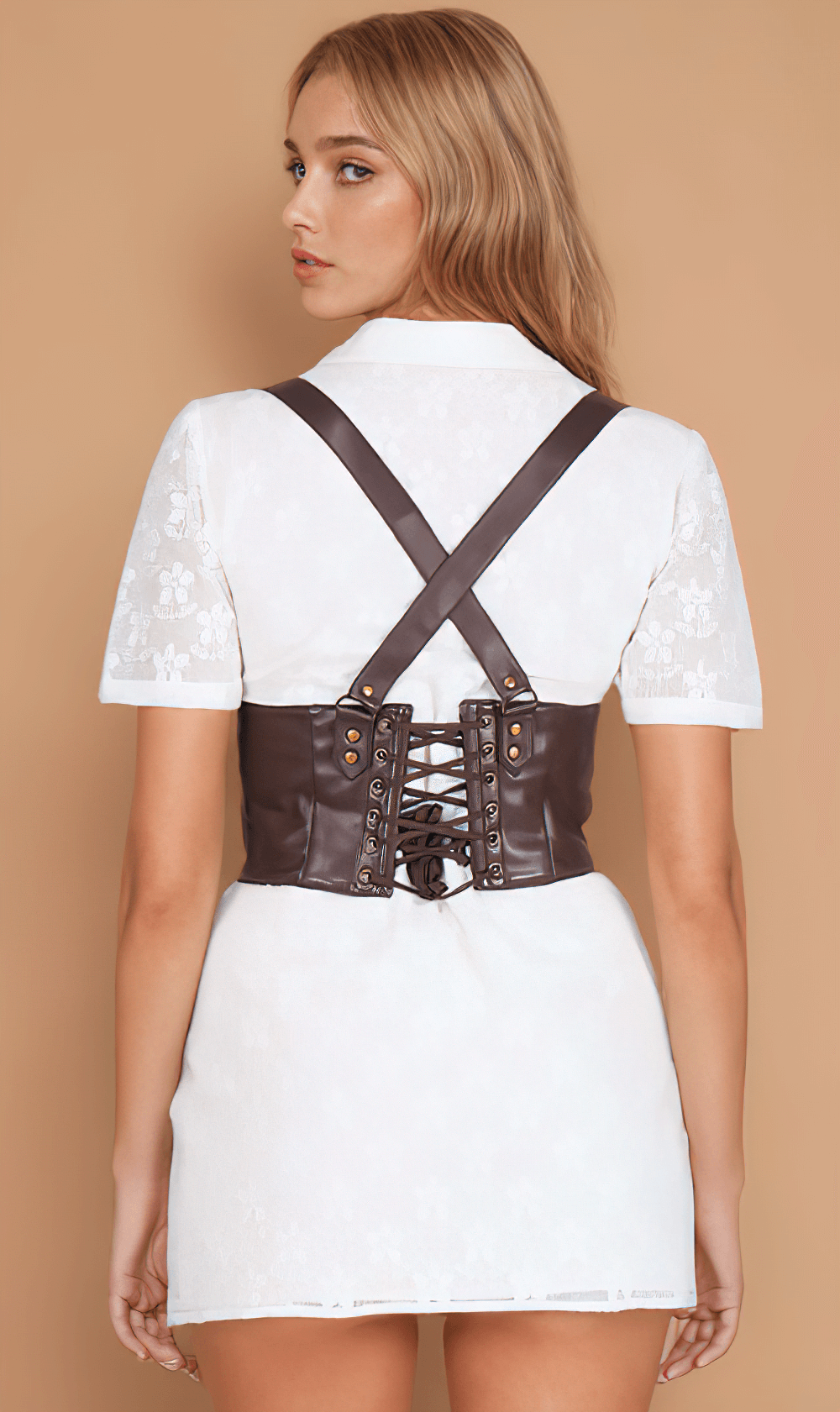 Back view of a woman wearing an adjustable waist cincher corset belt with buckle straps, styled with a white dress.