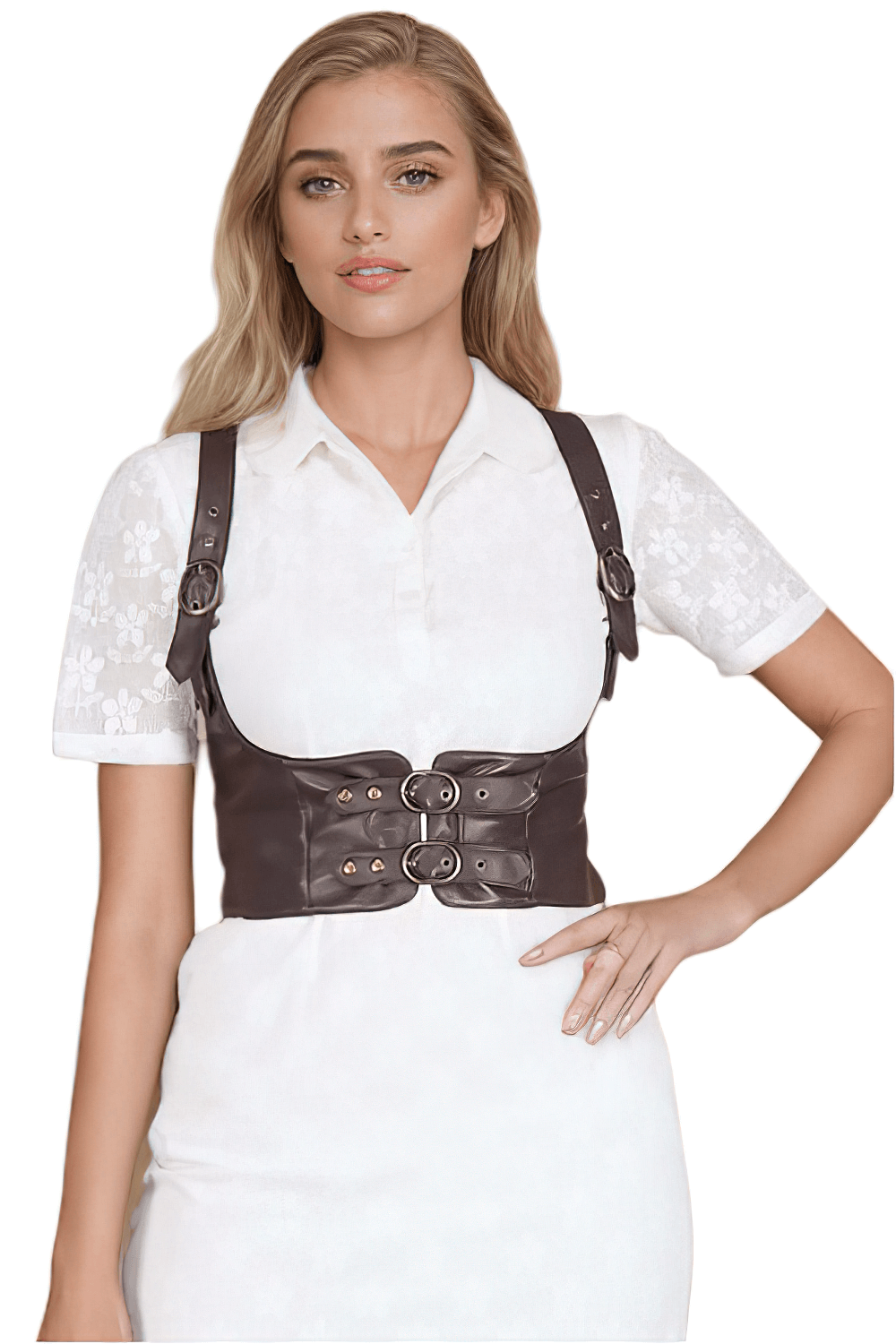 Adjustable waist cincher corset belt with buckle straps, perfect for edgy streetwear and steampunk fashion.