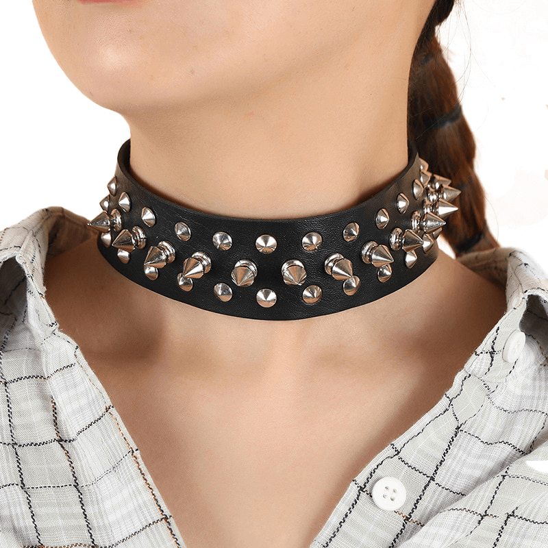 Women Men PU Leather Spike Rivet Stud Collar Choker Necklace Big O