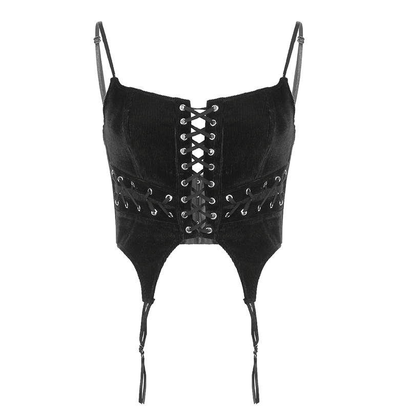 Aesthetic Black Velour Lace-up Camisole / Fashion Design Corset Top with Straps - HARD'N'HEAVY