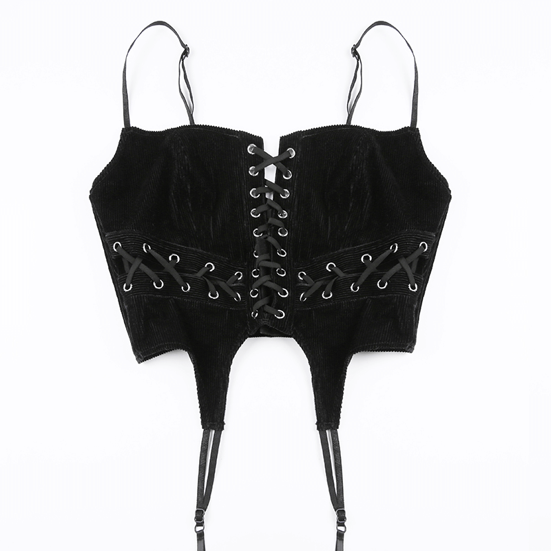 Aesthetic Black Velour Lace-up Camisole / Fashion Design Corset Top with Straps - HARD'N'HEAVY