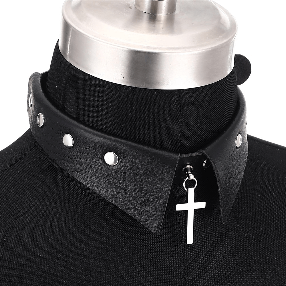 Gothic women's choker with stainless steel cross pendant, stylish black collar for alternative fashion.