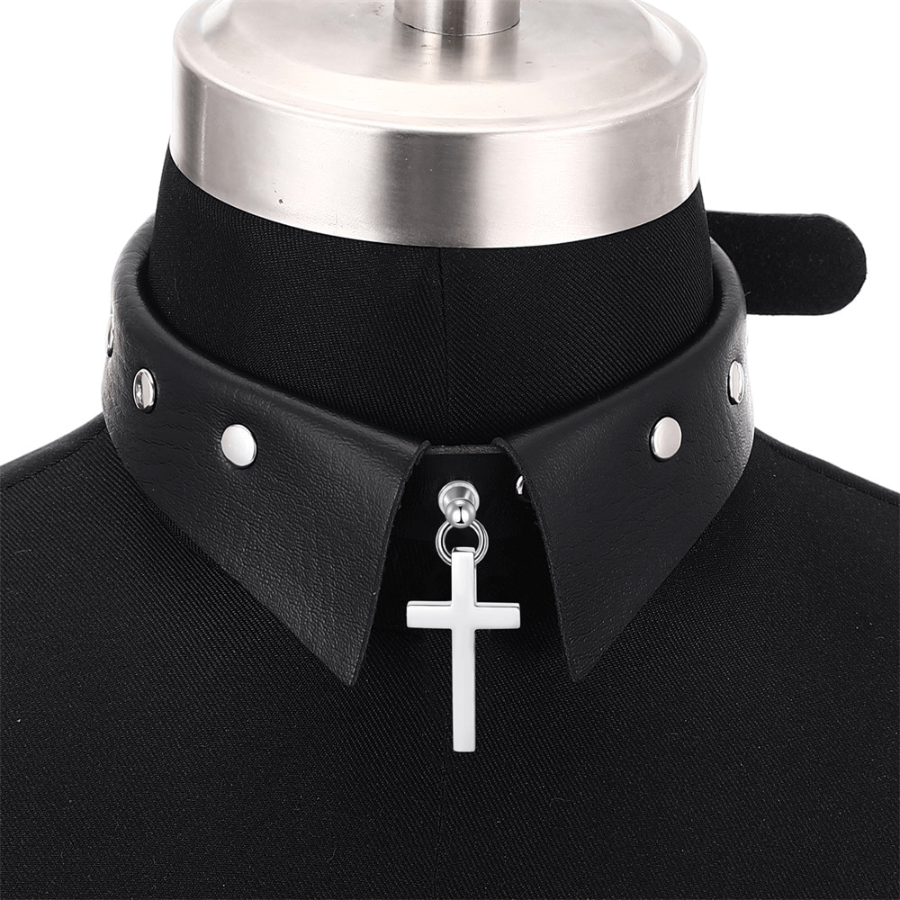 Aesthetic Gothic choker with stainless steel cross pendant on black collar, perfect for alternative fashion.