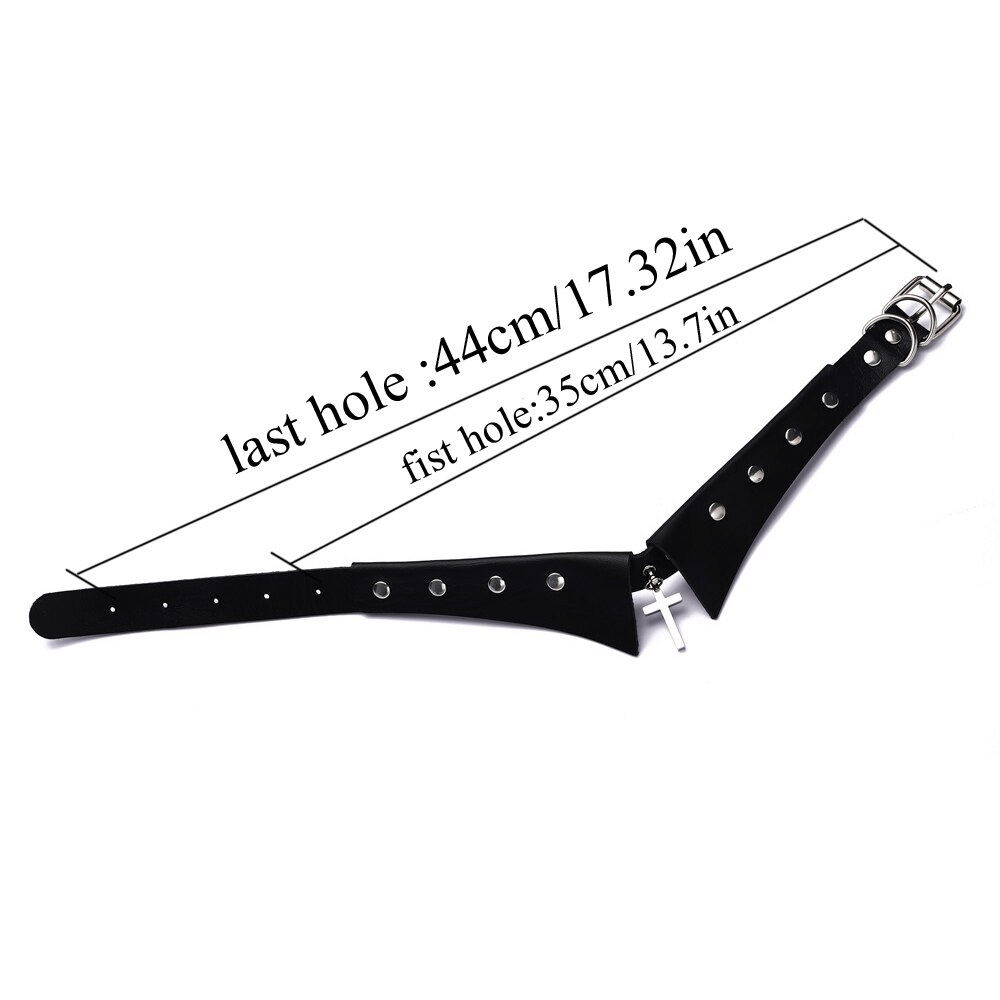 Black gothic adjustable choker with measurements, featuring multiple holes and a stainless steel buckle.