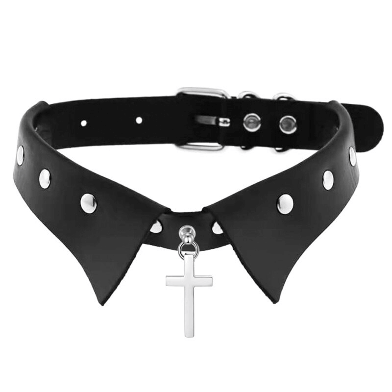 Stylish black choker with stainless steel cross pendant and studded collar design for women.
