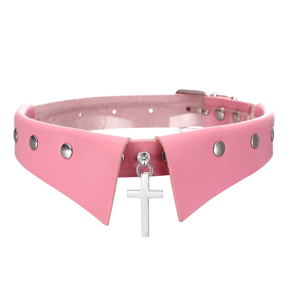 Stylish pink aesthetic choker with stainless steel cross pendant for women, perfect for gothic fashion.
