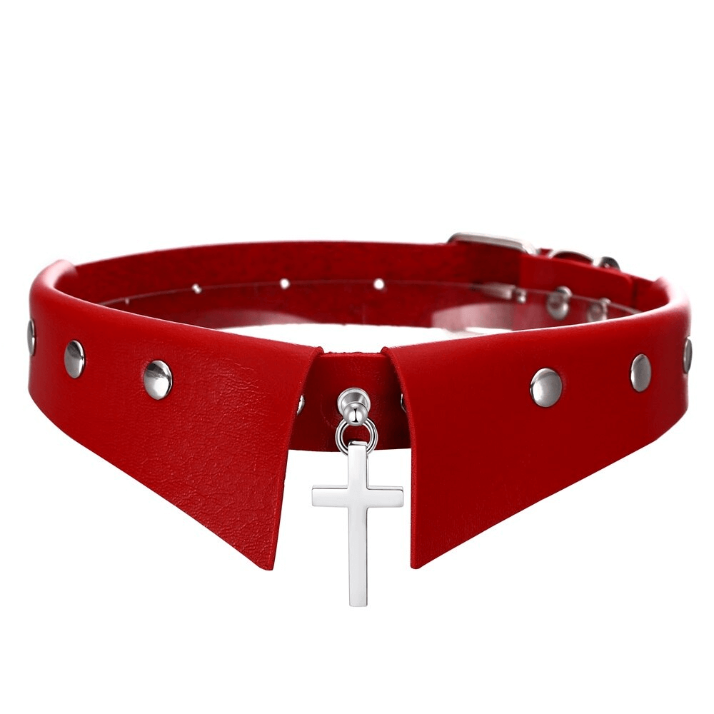 Aesthetic red gothic choker with stainless steel cross pendant, adjustable collar for women.
