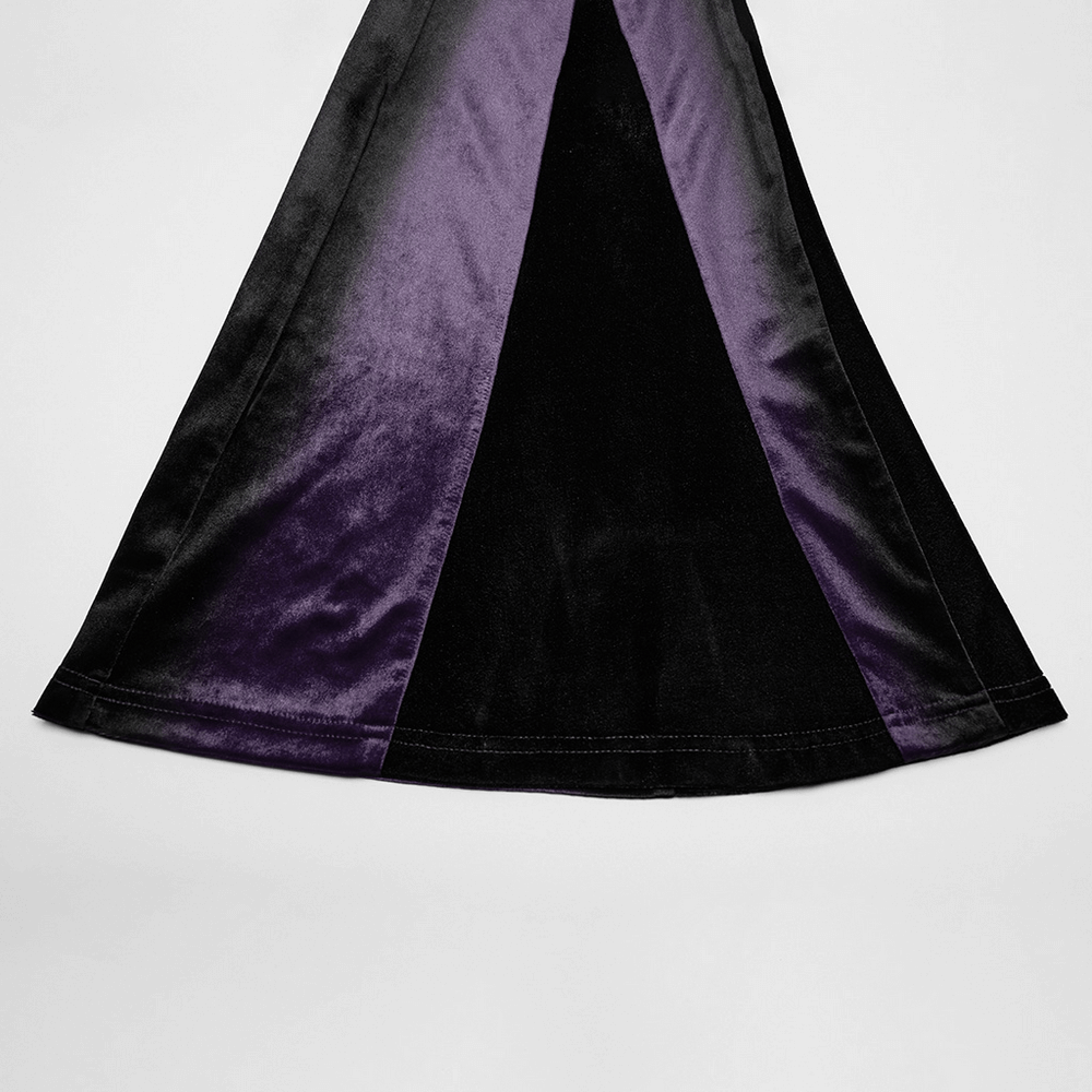 Close-up of gothic high-waist flared pants with black and purple velvet panels, highlighting the striking gradient design.