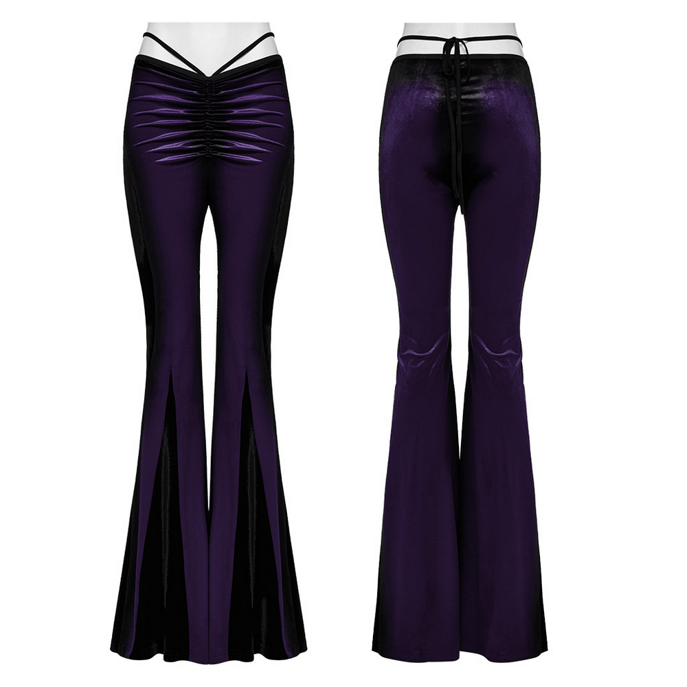 Aesthetic high-waist flared pants with velvet panels in gradient purple, featuring waist straps and pleated detailing.