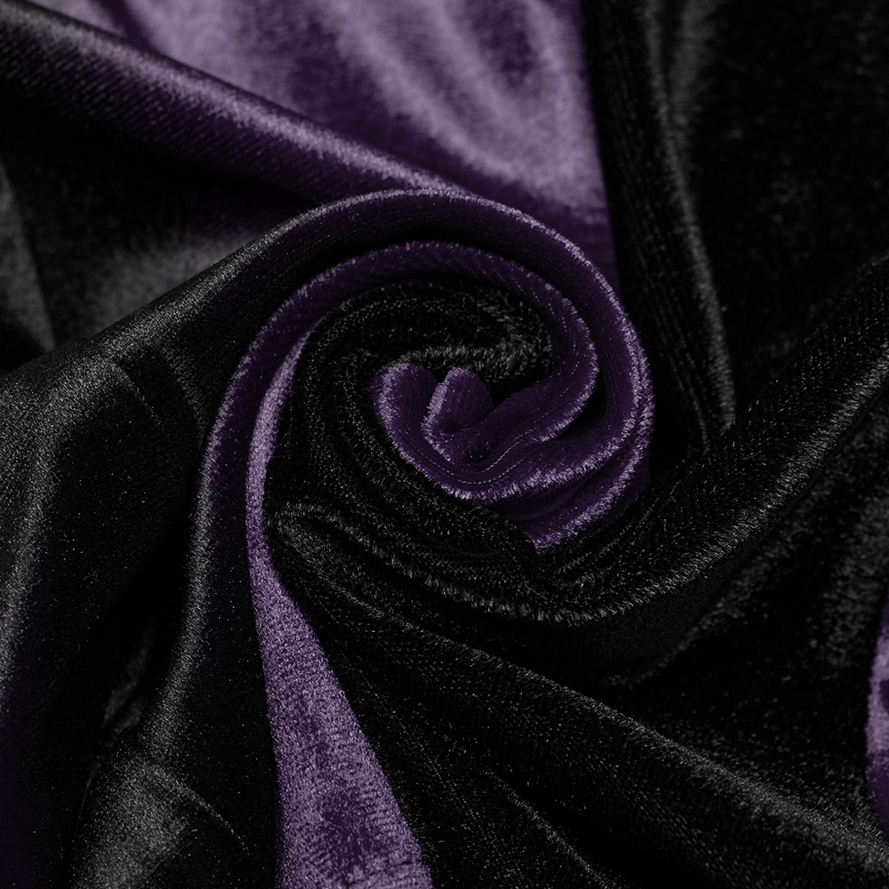 Close-up of soft black and purple velvet fabric swirl, showcasing rich texture and colors perfect for gothic fashion.