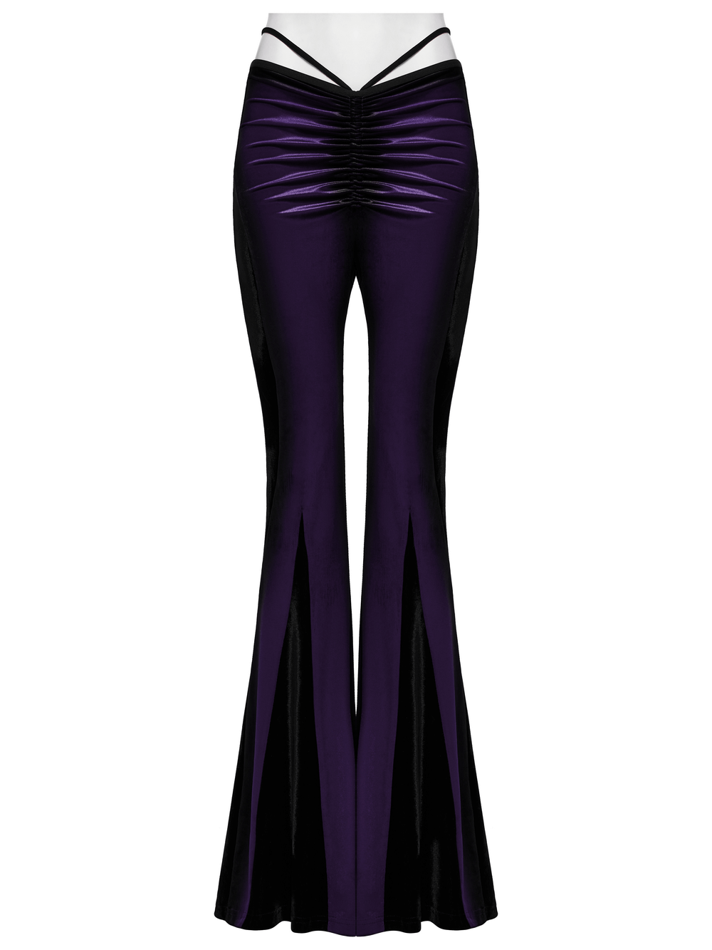 Gothic high-waist flared pants in purple with velvet panels and pleat details, perfect for alternative fashion.