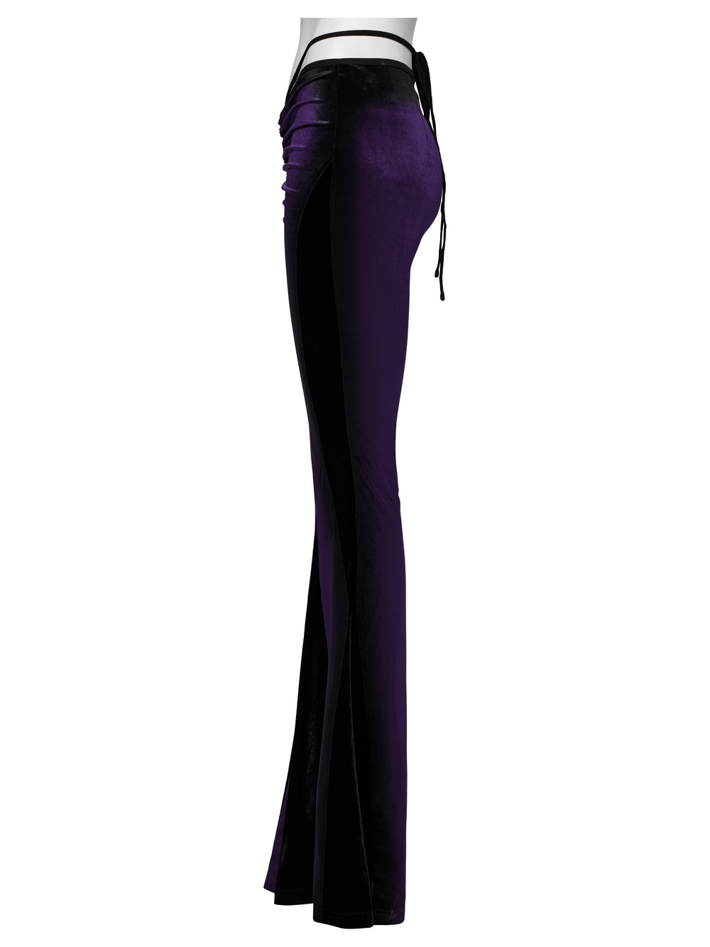 Side view of gothic high-waist flared pants with velvet panels in a striking purple gradient.