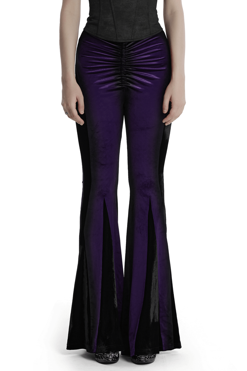 Aesthetic high-waist flared pants with velvet panels, featuring a striking purple gradient and stylish waist straps.