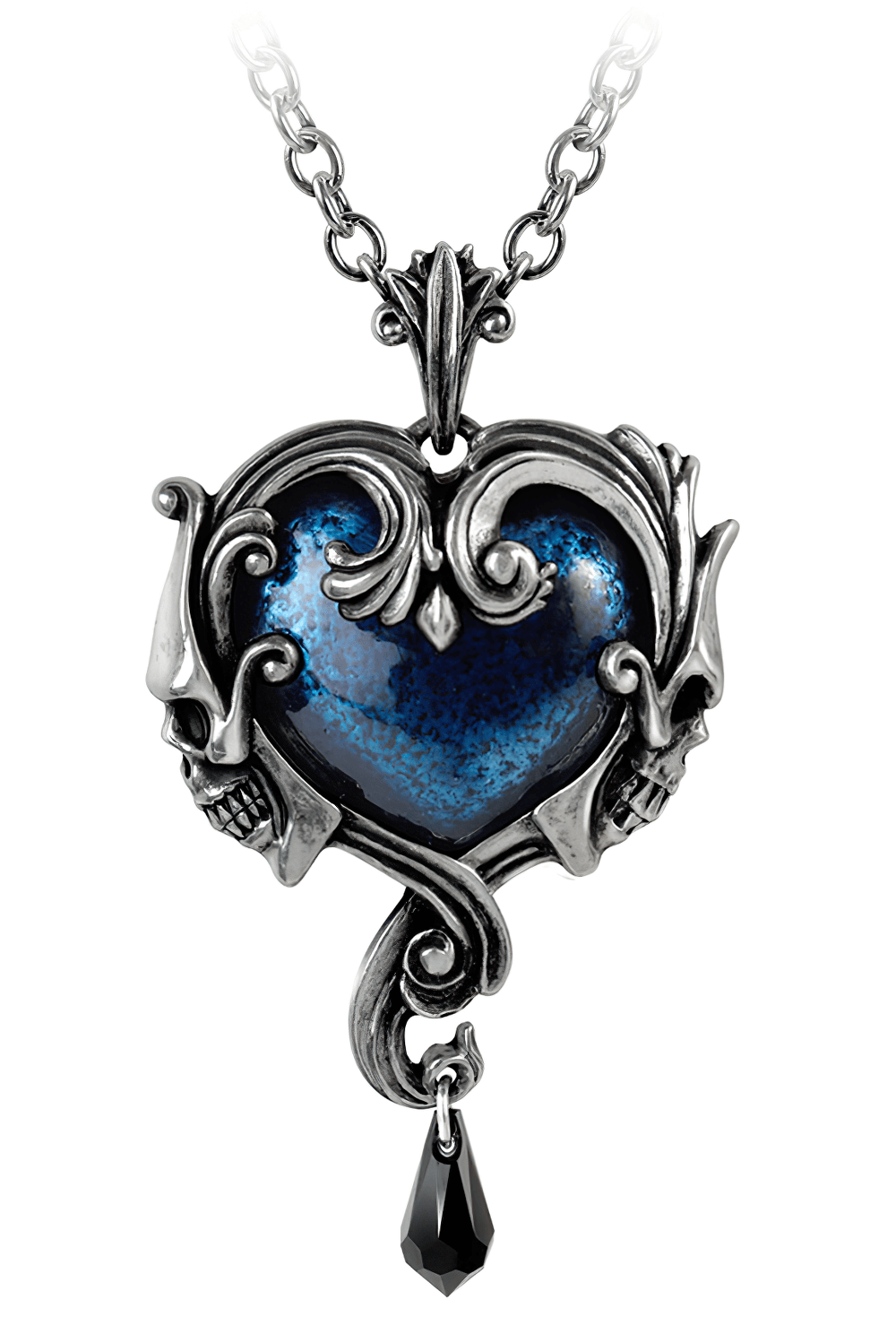 Baroque heart pendant with midnight blue enamel and skull details, featuring a black crystal teardrop on a long chain.