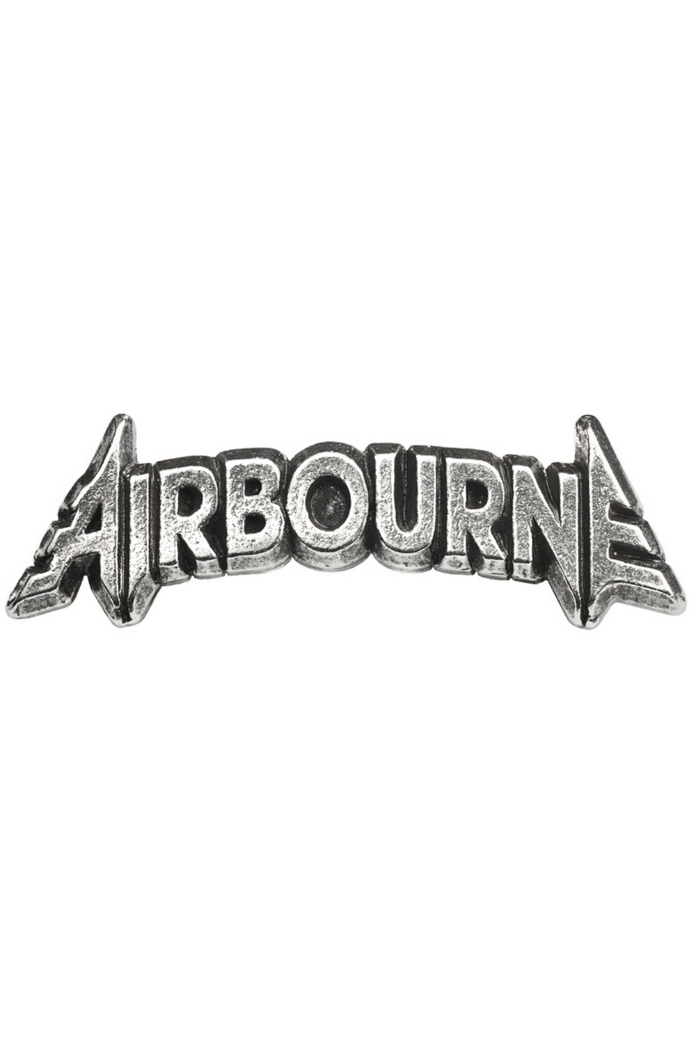 Antiqued pewter Airbourne band logo pin badge for rock fans, perfect accessory for jackets and bags.