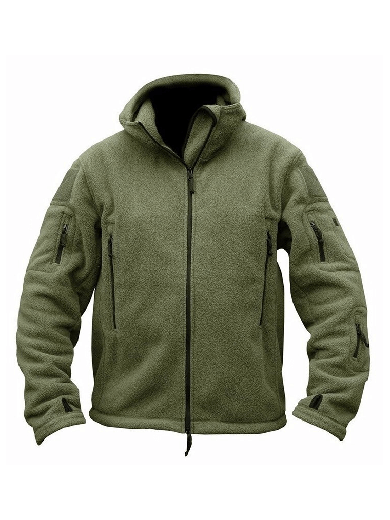 Men's tactical thermal hooded jacket in olive green, ideal for autumn and military outdoor activities.