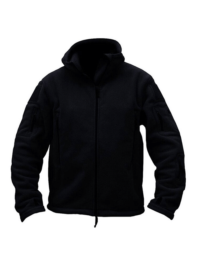 Men's black fleece tactical jacket with hood, perfect for military and outdoor activities.