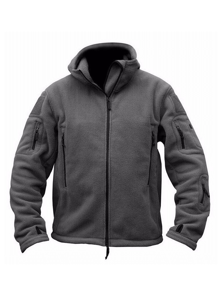 Airsoft military fleece jacket for men, hooded thermal outerwear in gray color, ideal for autumn and tactical activities.