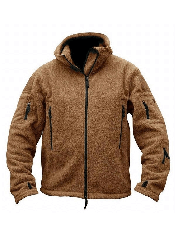 Men's fleece tactical thermal jacket in brown, featuring multiple zip pockets and a hood for autumn outdoor adventures.