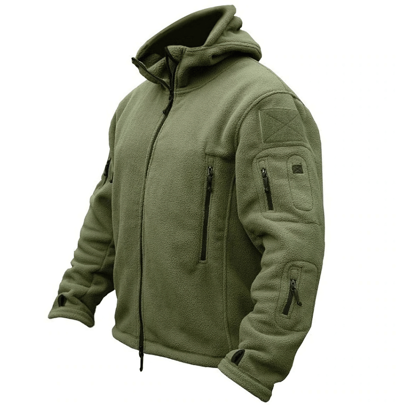 Men's thermal fleece tactical jacket with hood in olive green, perfect for autumn outdoor activities.