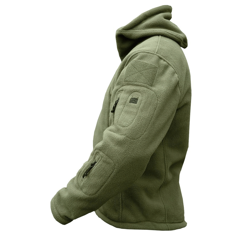 Men's Airsoft military fleece jacket in olive green with hood, designed for durability and warmth in autumn weather.