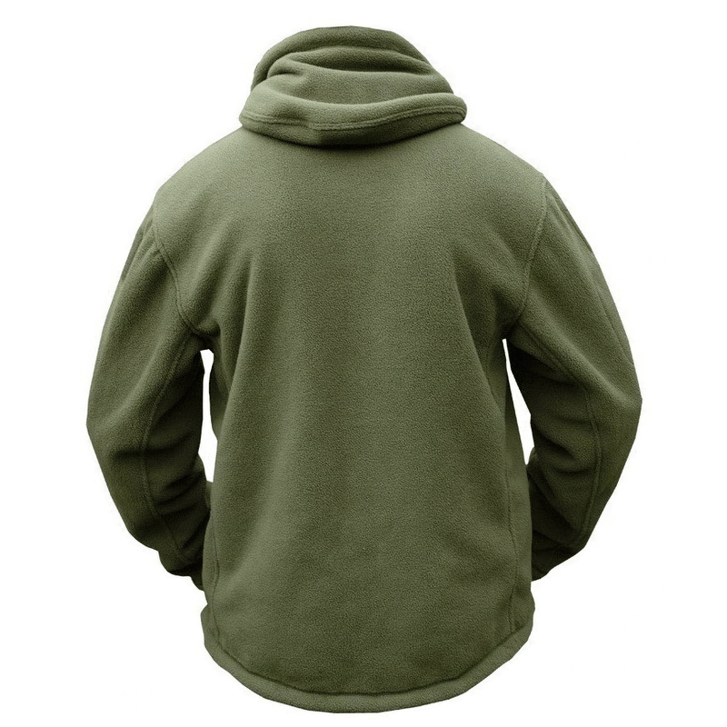 Men's fleece tactical military jacket back view in olive green, perfect for autumn and outdoor activities.