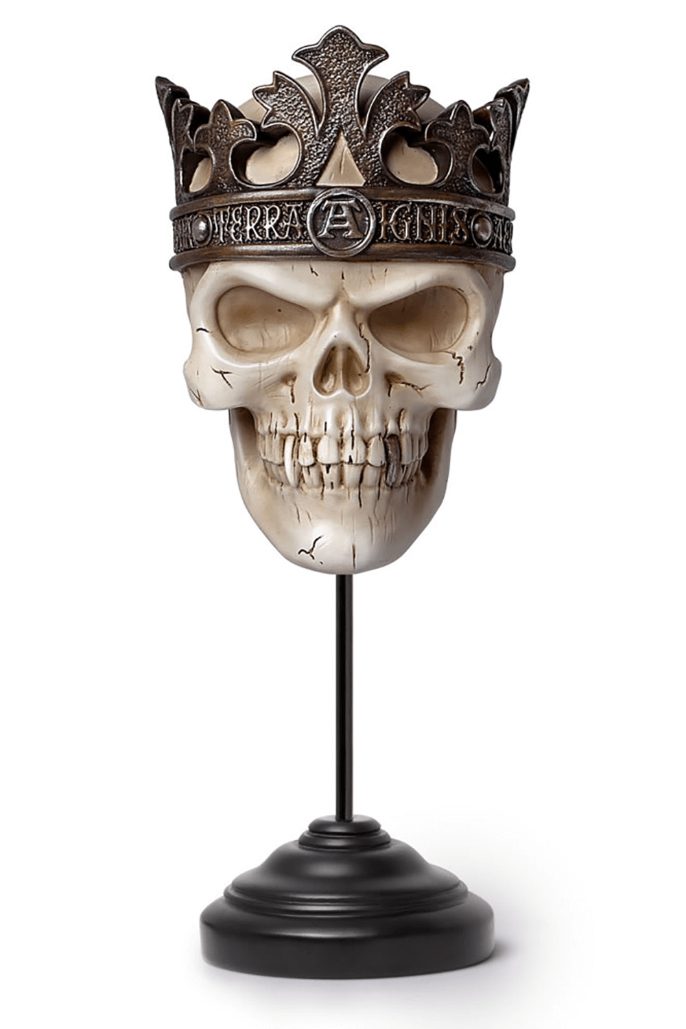 Alchemist Rex Skull Masque with metallic crown, a gothic decor piece perfect for royal darkness in any home.
