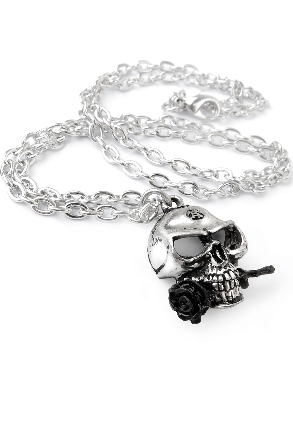 Alchemist skull pendant with black rose accent, hung on a silver chain for gothic style jewelry lovers.