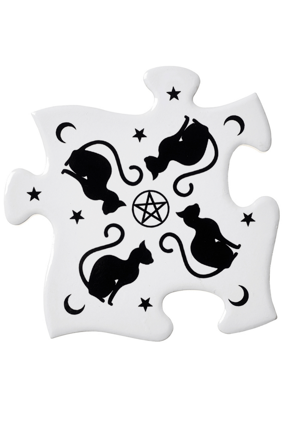 Alchemy Black Cat jigsaw coaster featuring pentagram, crescent moons, and stars in black and white design.