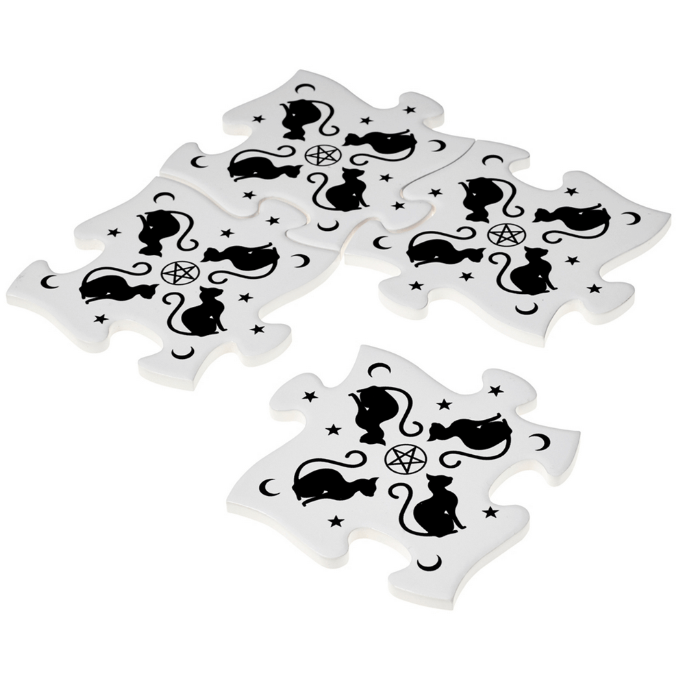Alchemy black cat and pentagram jigsaw coaster set, featuring magical motifs for witchy home décor.