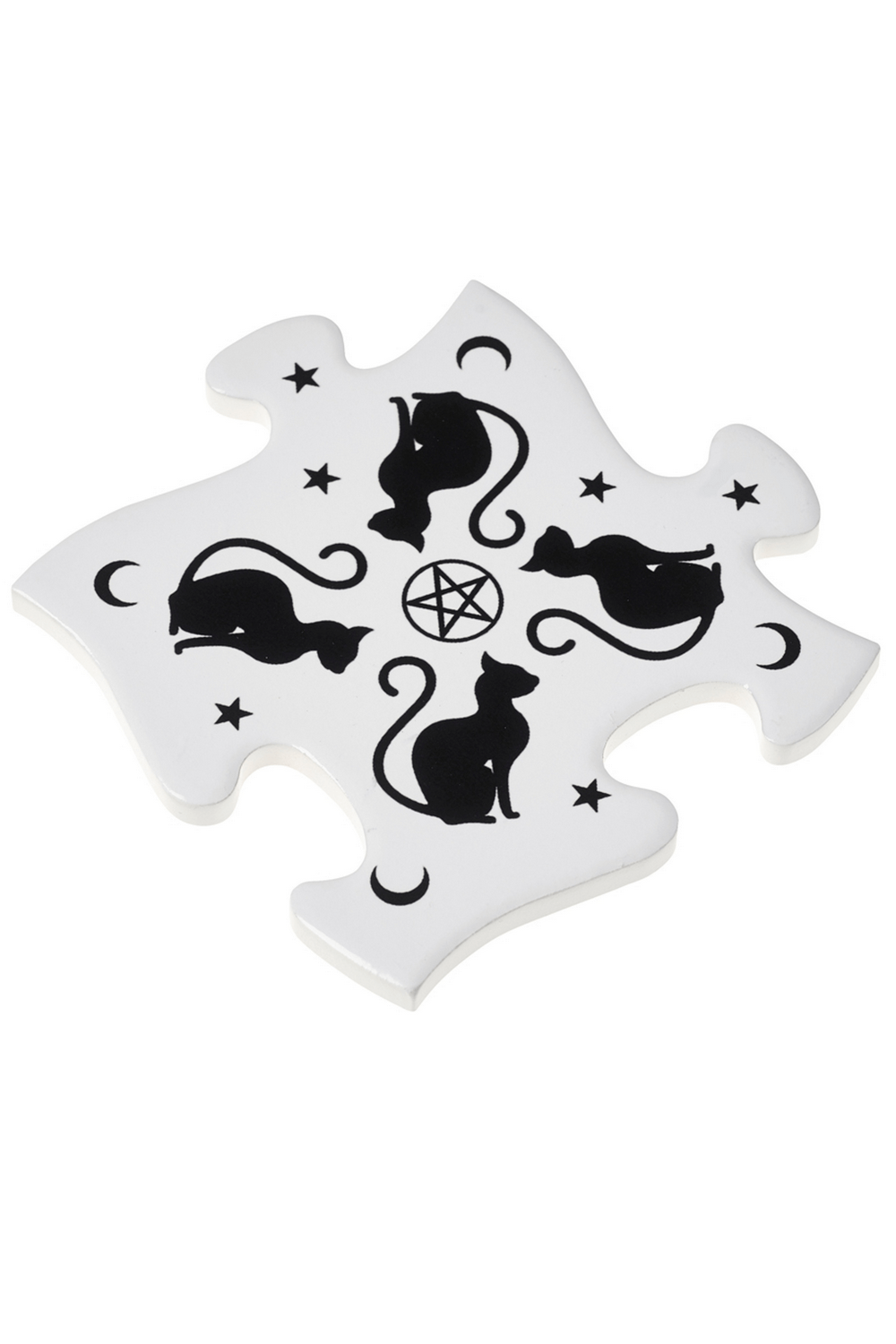 Ceramic jigsaw coaster featuring black cats, pentagrams, crescent moons, and stars, perfect for witchy home decor.