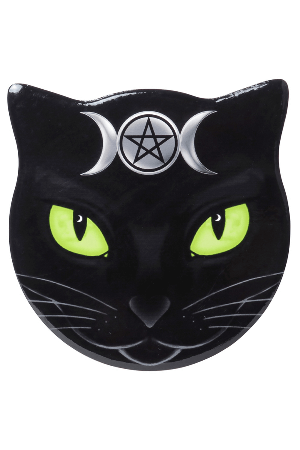 Gothic cat-shaped coaster featuring crescent moon and pentagram design with vibrant green eyes.