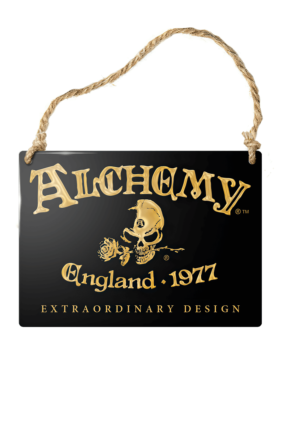 Alchemy England 1977 metal hanging sign with golden skull and rose motif, perfect for vintage gothic decor.