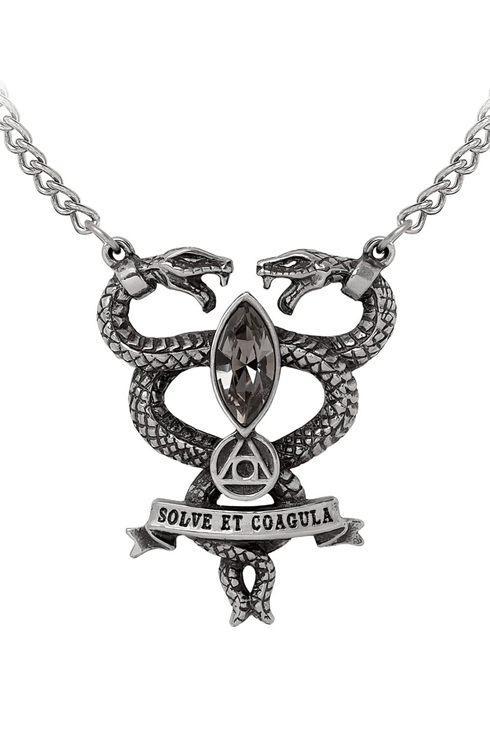Alchemy Gothic Necklace With Twin Serpent Pendant featuring smoky-gray crystal and intricate pewter design.