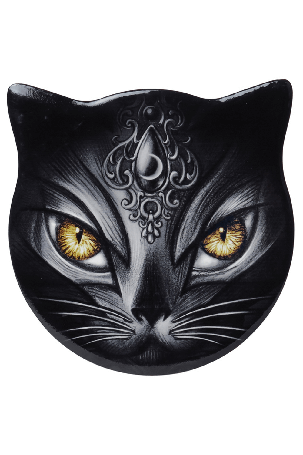 Black cat shaped coaster featuring mystic design and golden eyes for gothic decor.