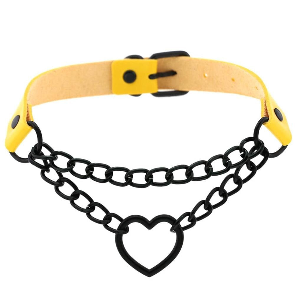 All Black Heart Chain Choker with Imitation Leather for Women, Gothic Halloween Accessory.