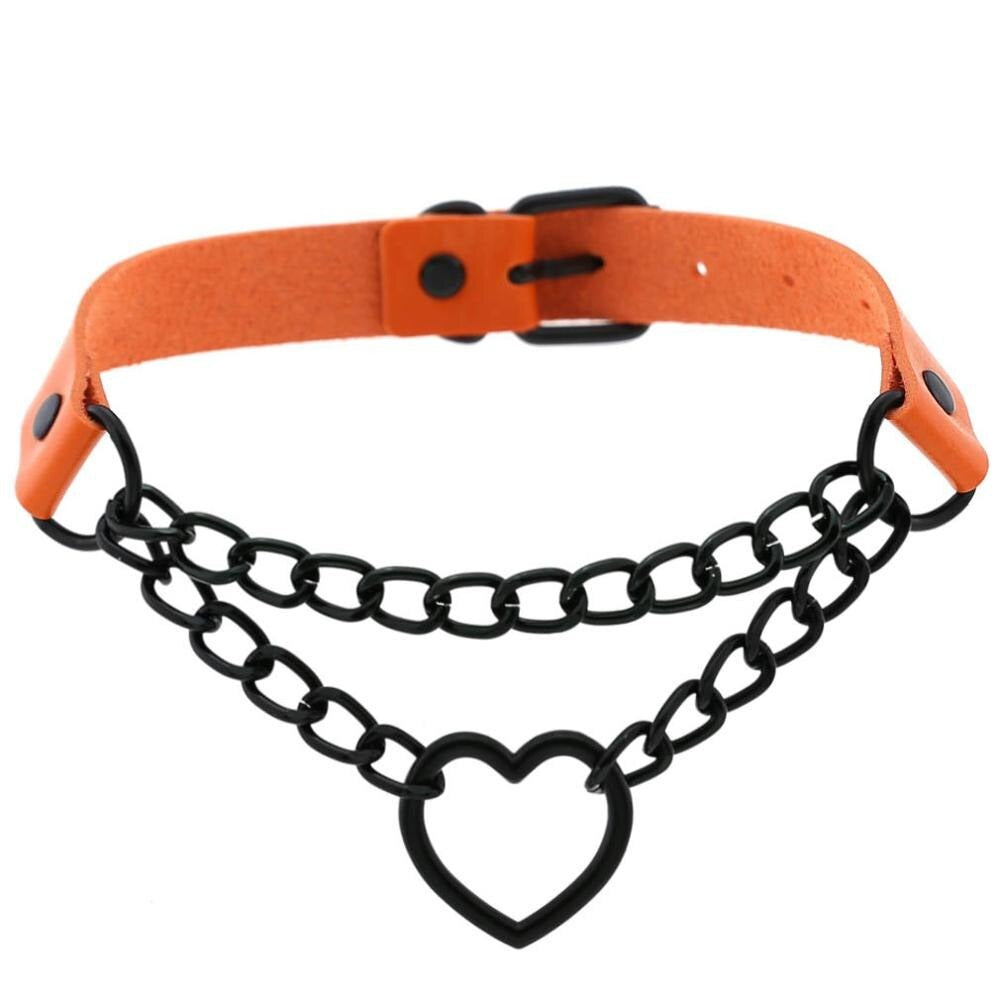 All black heart chain choker for girls, featuring a gothic design with imitation leather and adjustable straps.