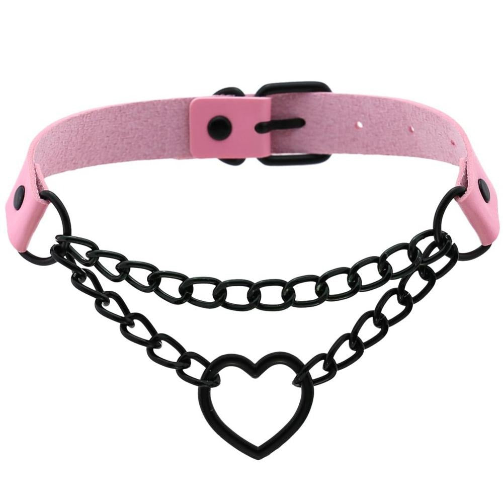 All Black Heart Chain Choker with Pink Imitation Leather for Gothic Halloween Accessories