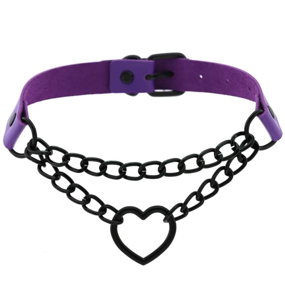 Black heart chain choker necklace with purple adjusters, perfect for Halloween and gothic-inspired outfits.