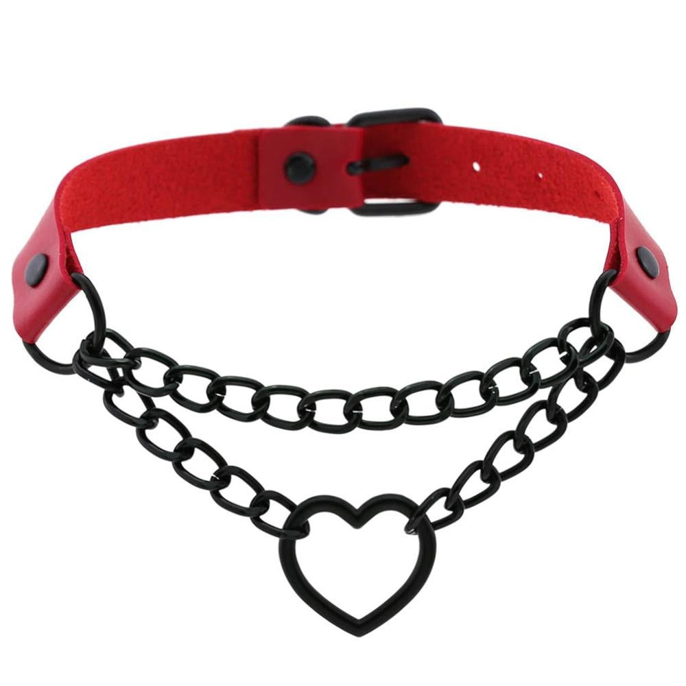 All Black Heart Chain Choker for Girls with red accents, perfect for Halloween fashion and gothic style.
