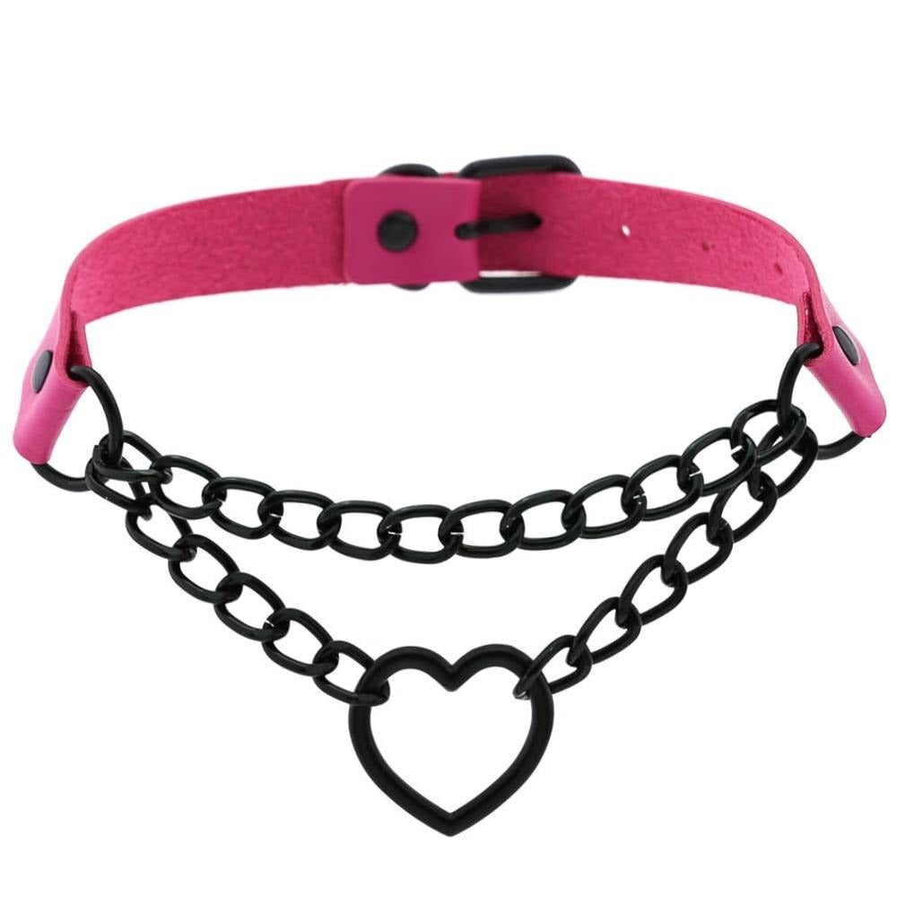 All black heart chain choker for girls, made with imitation leather and aluminum chain, perfect for Halloween accessories.