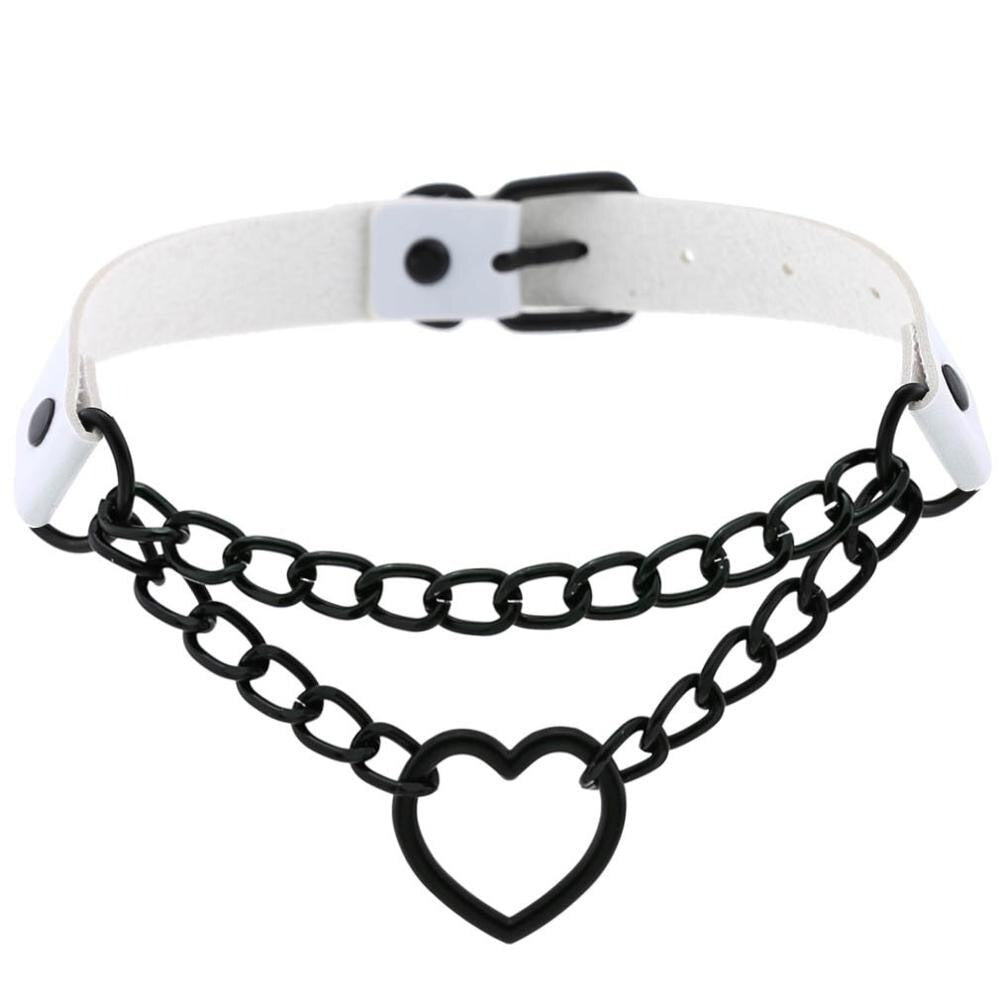 All black heart chain choker for girls, gothic leather necklace with aluminum chain, perfect for Halloween style.