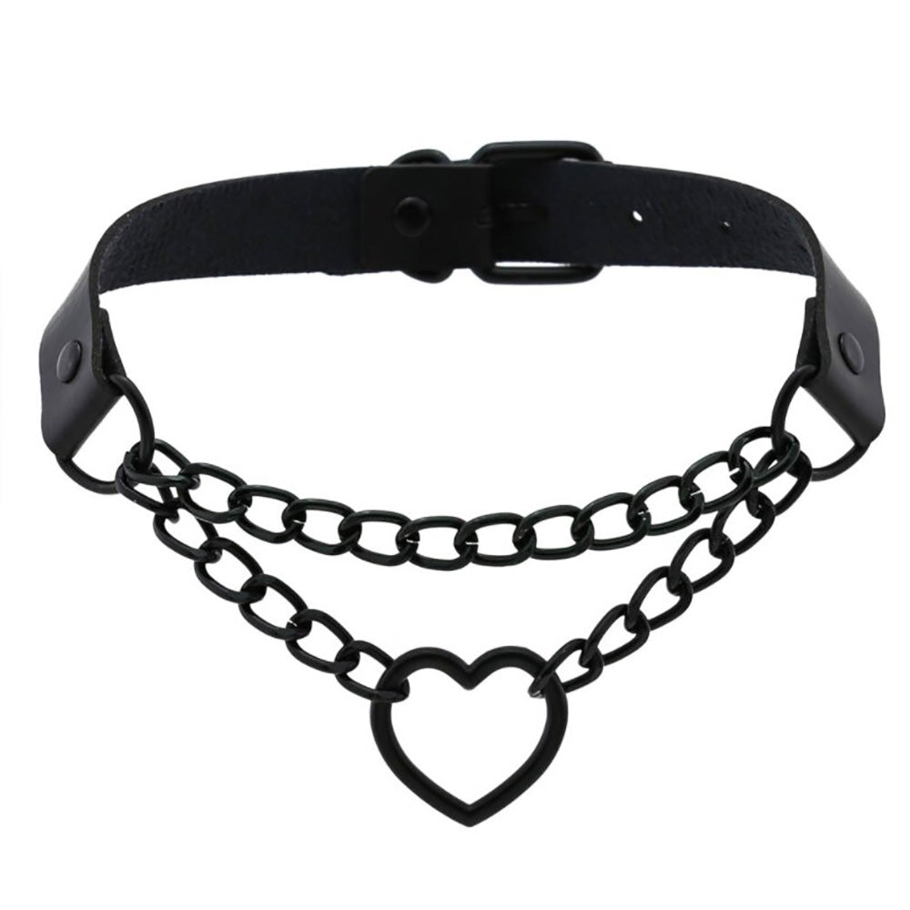 All Black Heart Chain Choker for Girls with imitation leather and aluminum chain, perfect for Halloween accessories.